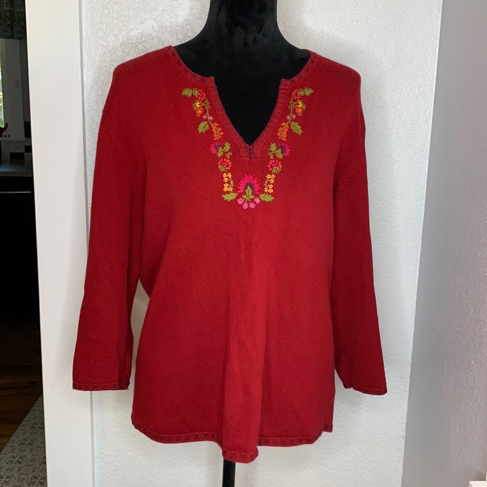 St. John’s Bay Red Embroidered Lightweight Knit Sweater top Folk Cottagecore